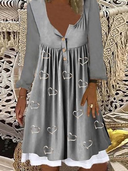 Gray Printed Buttoned Casual Long Sleeve A-line Dresses, Mini Dresses