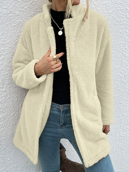 Plain Casual Zipper Long Sleeve Outerwear, Beige, Outerwear