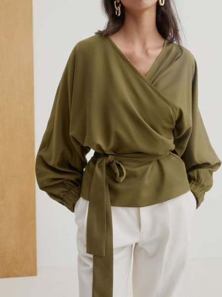 Fall Shift V Neck Long Sleeve Casual Simple Daily Tops, Darkgreen, Blouses and Shirts