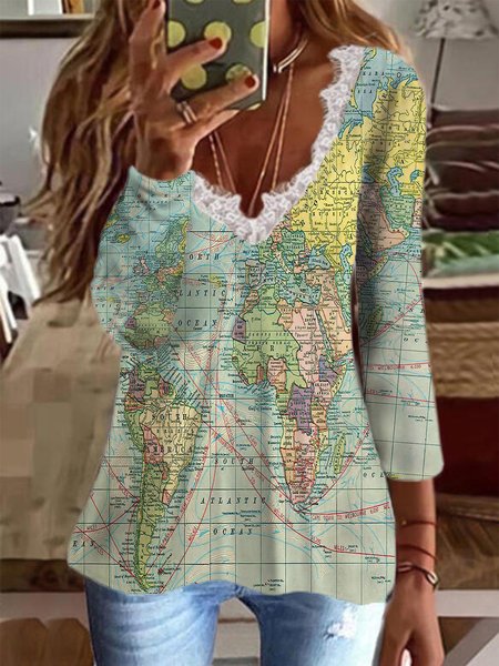 Vintage Carta geografica Stampato Pizzo Maniche Lunghe Scollo a V taglia grande Casuale Top, Multicolore, T-Shirts
Vintage Carta geografica Stampato Pizzo Maniche Lunghe Scollo a V taglia grande Casuale Top, Multicolore, T-Shirts