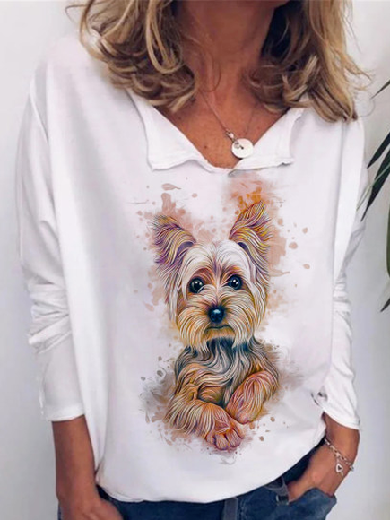 Cute Dog Long Sleeve V Neck Casual Tops, White, Long sleeve tops