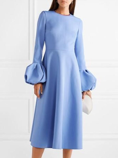 Elegant A-Line Solid Crew Neck Dress, Blue, Midi Dresses
