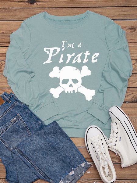 I'm A Pirate Crew Neck Long Sleeve Cotton-Blend Sweatshirt, Green, Hoodies&Sweatshirts