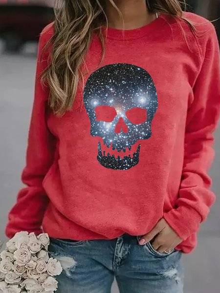 Space Skull Women‘s Cotton-Blend Sweatshirt, Red, Hoodies&Sweatshirts