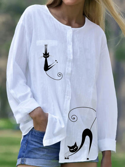 Round Neck Cat Print Loose Casual Long Sleeve Fake Pocket Blouse, White, Shirts & Blouses
Round Neck Cat Print Loose Casual Long Sleeve Fake Pocket Blouse, White, Shirts & Blouses