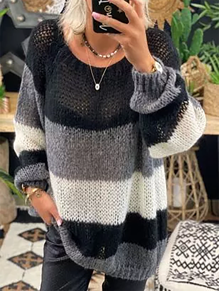 Maniche Lunghe a Righe Casuale Maglione, Multicolore, Sweater