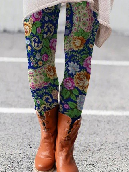 Floral Holiday Leggings, Blue, Leggings