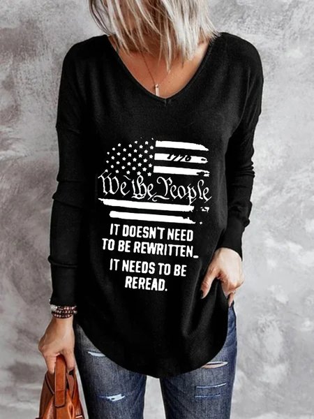 Casual Long Sleeve V Neck Plus Size Printed Tops T-shirts, Black, Hoodies & Sweatshirts