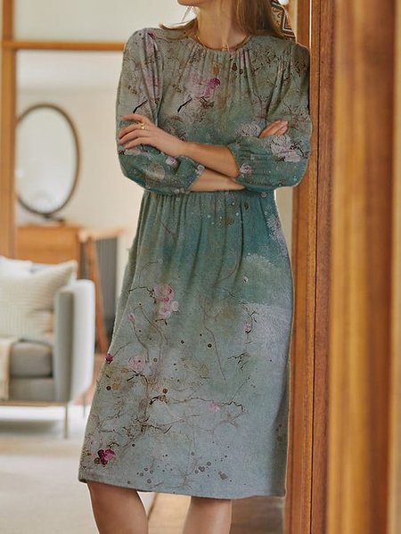 Shift Long Sleeve Dresses, Green, Mini Dresses