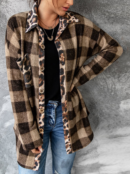 Long Sleeve Shirt Collar Outerwear, Brown, Coats