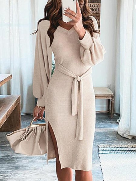 Long Sleeve Elegant V Neck Solid Dress, Apricot, Midi Dresses
Long Sleeve Elegant V Neck Solid Dress, Apricot, Midi Dresses