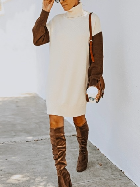 Fall Long Sleeve Turtleneck Simple Shift Color-block Daily Dresses, Apricot, Mini Dresses