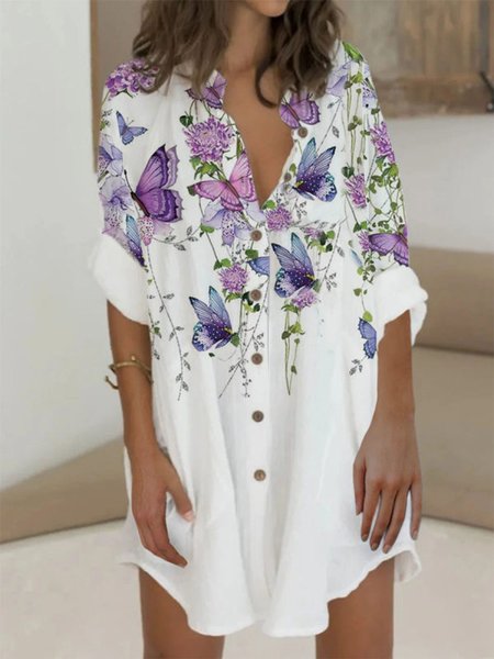 Shift Boho Long Sleeve Floral-Print Dresses, White, Floral Dresses