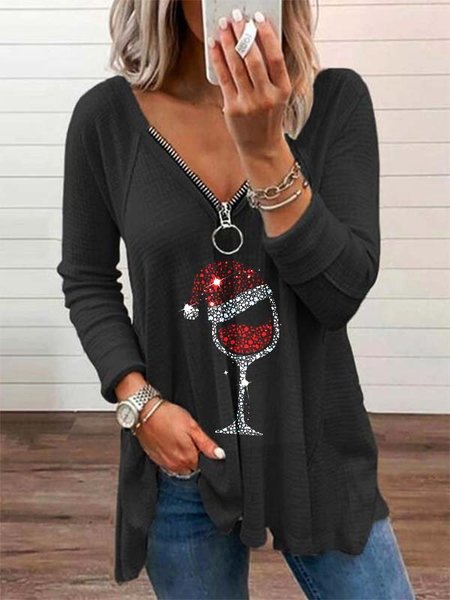 V neck Printed Casual Long Sleeve Shirts & Tops, Black, T-Shirts