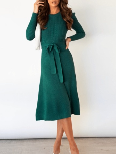 Fall Crew Neck A-Line Long Sleeve Lady Simple Daily Dresses, Green, Midi Dresses