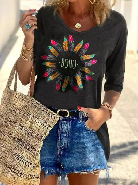 Long Sleeve Letter Cotton-Blend Casual Shirts & Tops, Black, T-Shirts