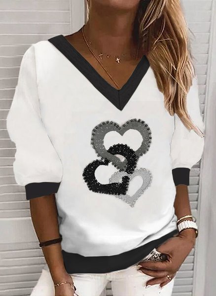 V Neck Work Long Sleeve Sweatshirt, White, Hoodies & Sweatshirts