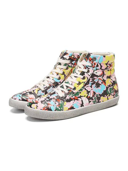Casual Retro Color Print Lace-up High-top Shoes, As picture, Sneakers