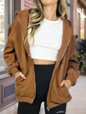 Casual Long Sleeve Drawstring Hoodie, Brown, Outerwear