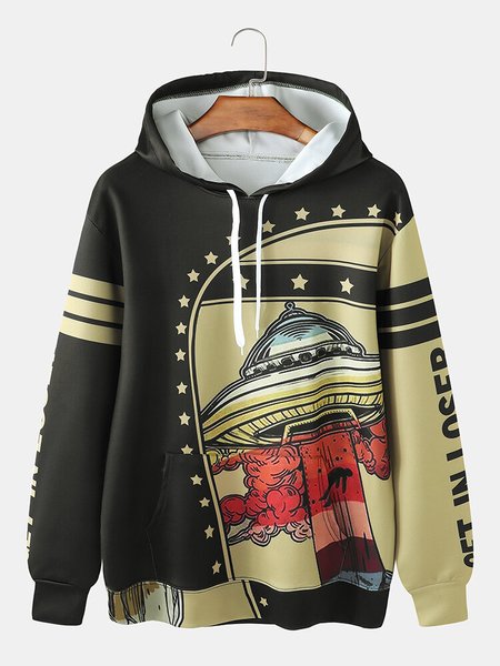 Mens UFO Spaceship Print Casual Pullover Hoodie With Kangaroo Pocket, Color1, Hoodies&Sweatshirts