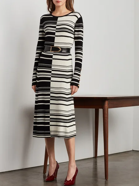 Crew Neck Long Sleeve Stripes Sheath Lady Sweater Dress, Black-white, Midi Dresses
Crew Neck Long Sleeve Stripes Sheath Lady Sweater Dress, Black-white, Midi Dresses