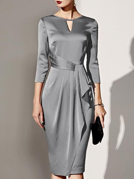 3/4 Sleeve Solid Sheath Elegant Midi Dress, Gray, Midi Dresses