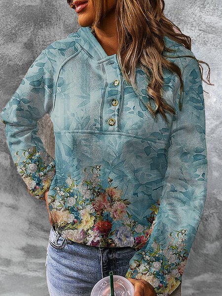 Long Sleeve Hoodie Cotton-Blend Floral Sweatshirt, Blue, Hoodies & Sweatshirts