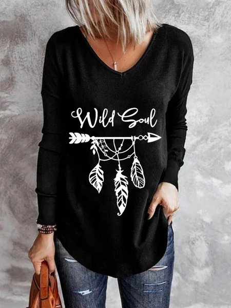 Long Sleeve V neck Plus Size Printed Tops T-shirts, Black, T-Shirts