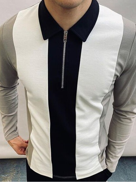 Men's Colorblock Zip Lapel Long Sleeve Slim Polo Shirt, As picture, Men's t-shirts
