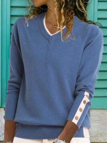 Casual V Neck Acrylic Long Sleeve Sweater, Blue, Sweaters & Cardigans