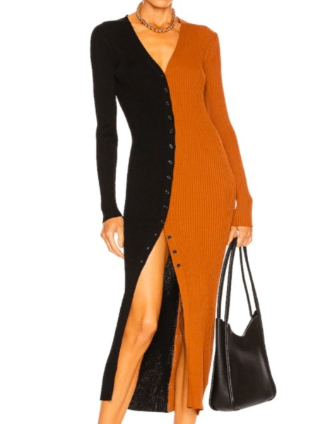 Fall Long Sleeve Color-Block V Neck Sheath Lady Daily Sweater, Black-orange, Midi Dresses