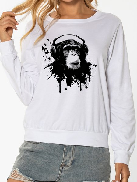 Orangutan Musician Funny Ladies Crew Neck Pullover, White, Sweatshirts