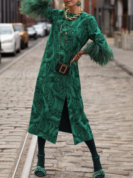 Crew Neck Cocktail Dresses, Dark green, Midi Dresses