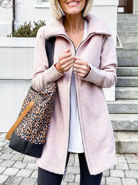 Cotton Blends Casual Plain Outerwear, Pink, Coats