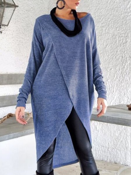 Solid Casual Crew Neck Shift Long Sleeve Top, Blue, Tops