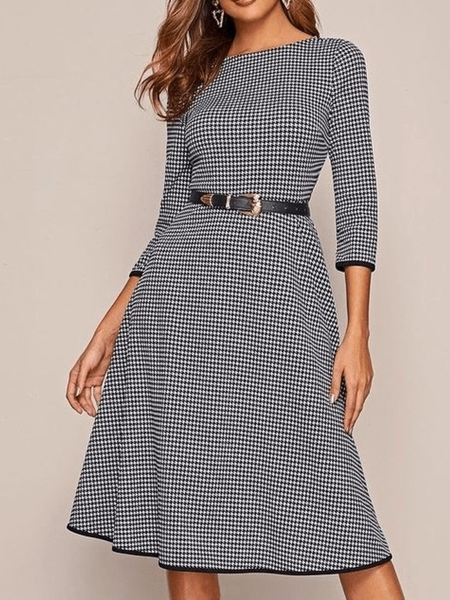 Fall 3/4 Sleeve Crew Neck A-Line Lady Formal Date Dresses, As picture, Midi Dresses
