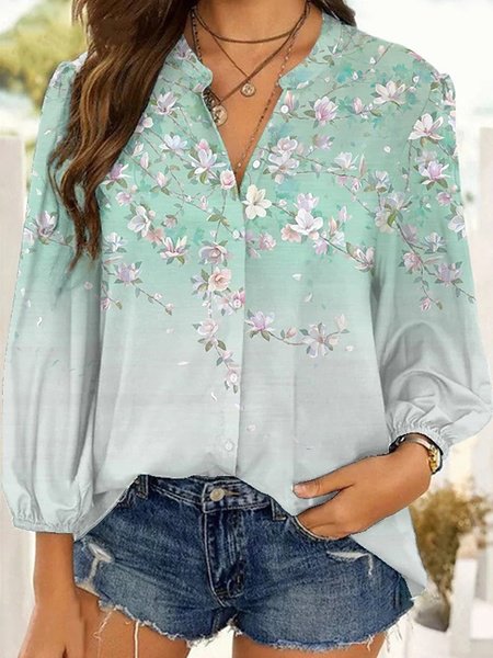 Long Sleeve V Neck Floral Casual Shirts & Tops, Blue, Shirts & Blouses