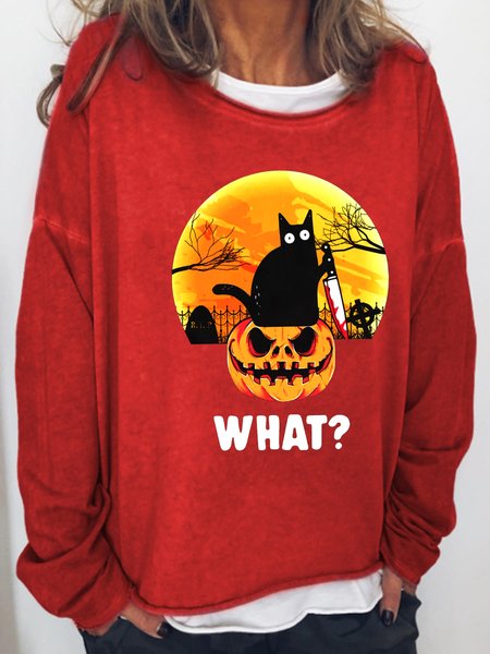 What Pumkin Black Cat Halloween Sweatshirt, Red, Hoodies&Sweatshirts