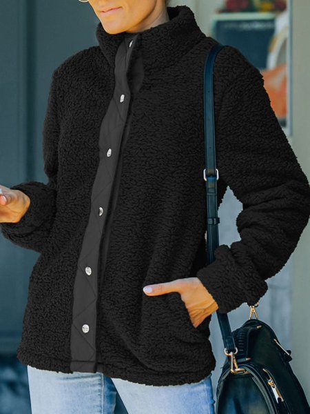 Casual Long Sleeved Pockets Coat, Black, Coats & Jackets