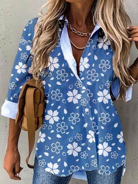 Casuale Stampato Colletto a Camicia Maniche Lunghe Top, Blu, Blouses & Shirts