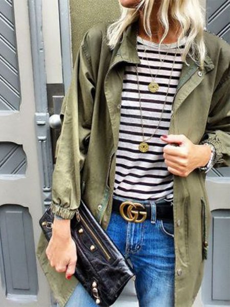 Pockets Casual Outerwear, Army green, Jackets