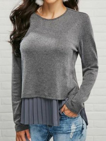 Vintage Casual Pleated Plain Daily Top, Gray, Tops