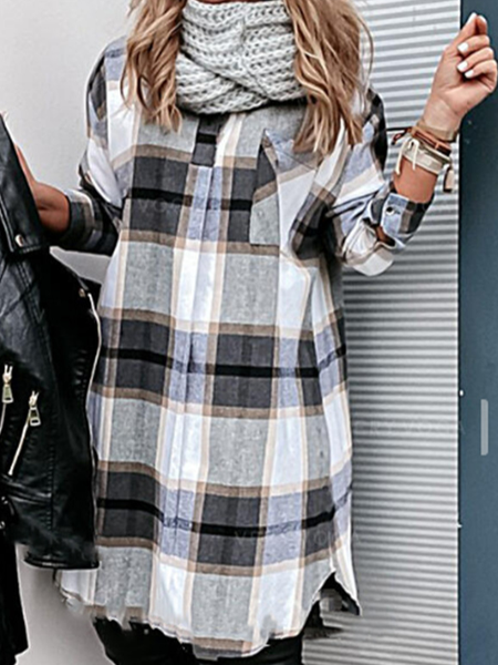 Plaid Pocket long sleeve casual shirt dress, Gray-white, Blouses & Shirts