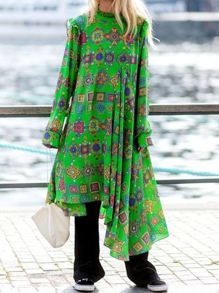 Long Sleeve Casual Loosen Maxi Dress, Green, Midi Dresses