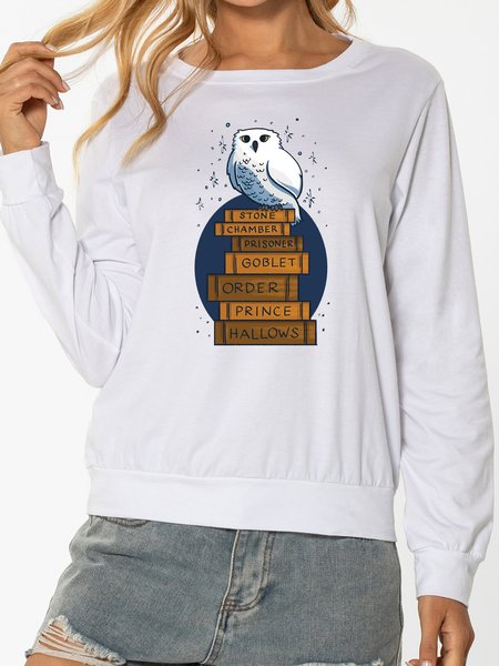 Owl Fun Print Ladies Pullover Sweater, White, Sweatshirts