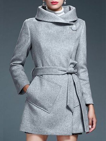 Elegant Stand collar Pockets Outerwear, Gray, Coats