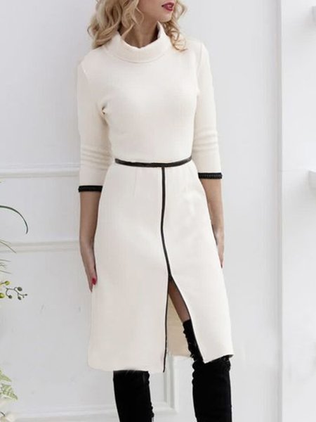 High Neck Three Quarter Solid Lady Midi Dress, White, Mini Dresses
