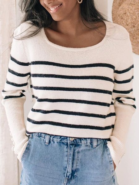 Casual Striped Round Neck Long Sleeves Sweater, White, Knitwear & Sweaters