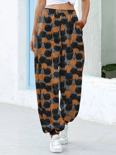 Halloween Pumpkin Elastic Waist Pants, Black, Pants