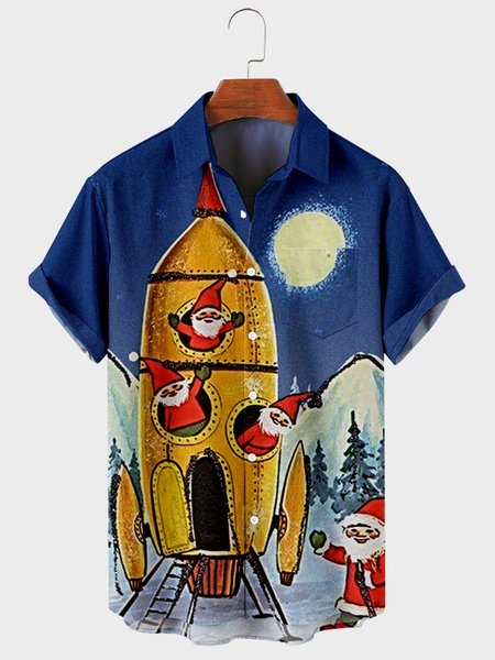 Shirt Collar Short Sleeve Christmas Shirts & Tops, Navy blue, Men's shirts